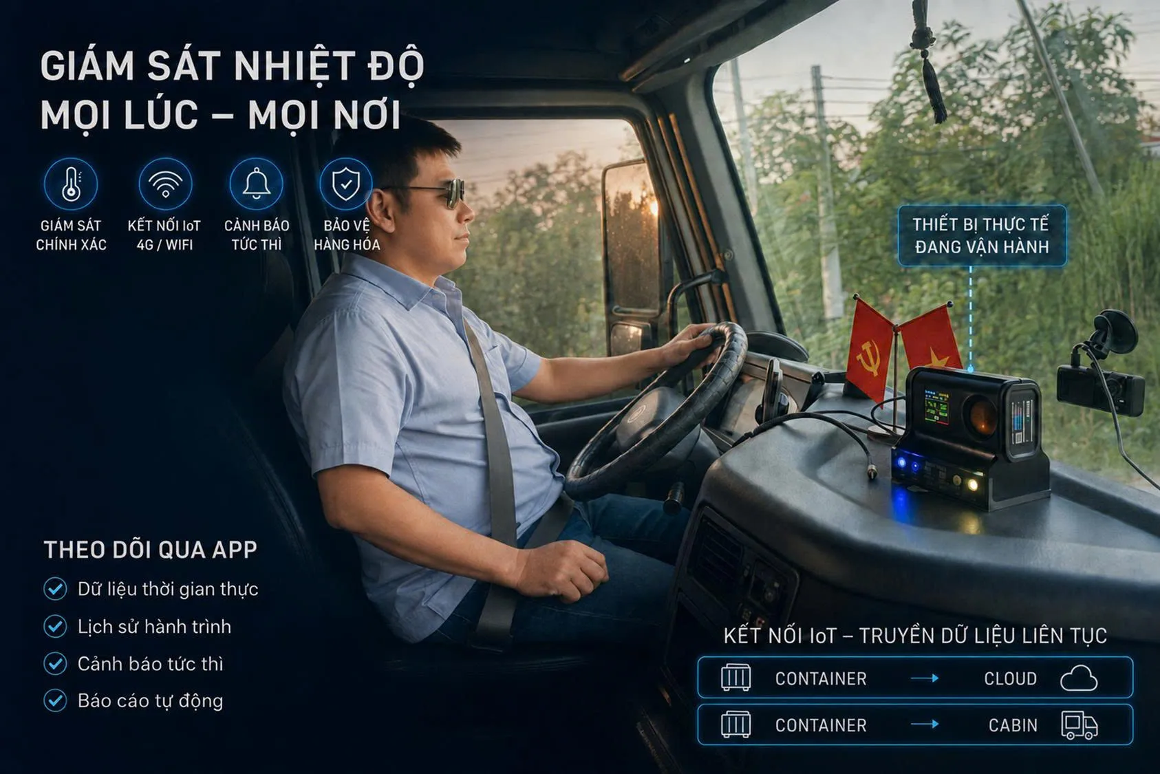 Thiết bị KoolSmart Cabin Monitor thực tế đang vận hành trên táp-lô xe đầu kéo